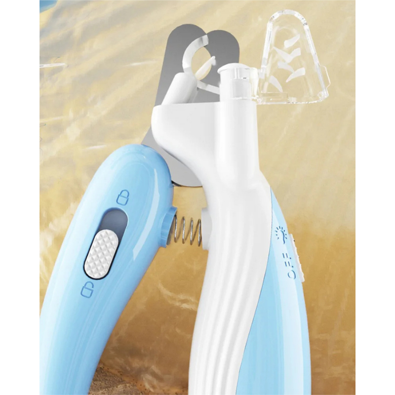 "Light blue pet nail scissors with built-in LED for precise claw cutting"